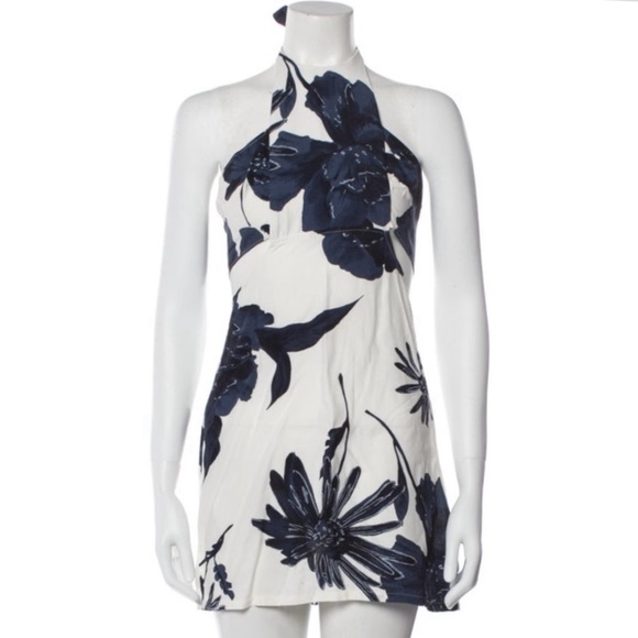 REFORMATION WHITE BLUE FLORAL CROSS NECK STRAP HALTER MINI DRESS SIZE XS - Picture 1 of 3